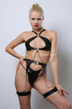 Leather Fantasy Lingerie Set, Stylish Leather Harness Set, Club Wear - SH1330