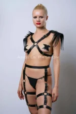 Sexy Garter Set with Tasseled Shoulders, Leather Garter Set with Whip - SH1344