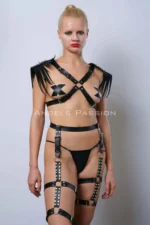 Sexy Garter Set with Tasseled Shoulders, Leather Garter Set with Whip - SH1344 - Image 3