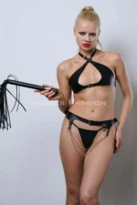 Open Mesh Leather Fantasy Bra Set, Whip-Themed Leather Bra Set - SH1349 - Image 2