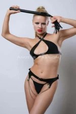Open Mesh Leather Fantasy Bra Set, Whip-Themed Leather Bra Set - SH1349 - Image 5