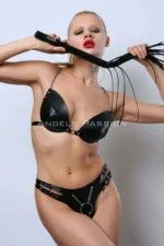 Whip-themed Leather Bra Set, Sexy Leather Fantasy Lingerie Bra Set - SH1353 - Image 2