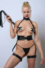 Slave Harness Set with Whip and Handcuffs, Leather Fantasy Lingerie - SH1362