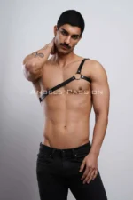 Siyah Deri Tek Omuz Halka Detaylı Erkek Harness SHM3