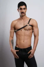 Siyah Deri Tek Omuz Halka Detaylı Erkek Harness SHM3 - Image 2