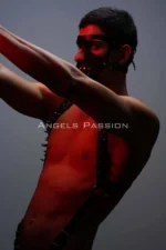 Siyah Zımbalı Deri Erkek Harness ve Maske Seti SHM204 - Image 7