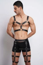 Siyah Metal Halkalı ve Zımba Detaylı Erkek Göğüs Bacak Harness Seti SHM196 - Image 5