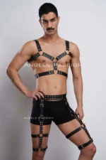 Siyah Metal Halkalı ve Zımba Detaylı Erkek Göğüs Bacak Harness Seti SHM196 - Image 6