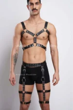 Siyah Metal Halkalı ve Zımba Detaylı Erkek Göğüs Bacak Harness Seti SHM196 - Image 7