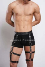 Siyah Deri Metal Zımbalı ve Halkalı Erkek Bacak Harness SHM193