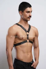 Siyah Zımba ve Halka Detaylı Deri Erkek Harness SHM179 - Image 4