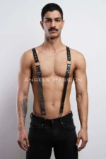 Siyah Deri Metal Halkalı Zımbalı Erkek Harness Pantolon Askısı SHM175 - Image 4