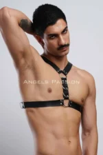 Siyah Deri Halka Detaylı Erkek Harness Göğüs Kemeri SHM148 - Image 3