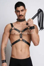 Kamçı ve Çivili Tasma Detaylı Deri Erkek Harness SHM102 - Image 11
