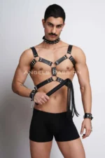Kamçı ve Çivili Tasma Detaylı Deri Erkek Harness SHM102 - Image 4