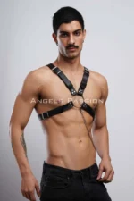 Zincir Detaylı Metal Halkalı Siyah Deri Erkek Harness SHM95 - Image 5
