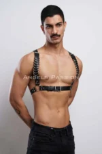 Siyah Deri Çok Halka Detaylı Tokalı Erkek Harness SHM92