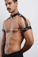 Siyah Deri Boyunluklu ve Kol Bantlı Metal Halkalı Erkek Harness SHM90 - Image 6