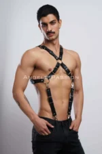 Siyah Deri Halka Detaylı Erkek Göğüs Harness ve Pantolon Askısı SHM84 - Image 8