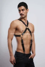 Siyah Deri Halka Detaylı Erkek Göğüs Harness ve Pantolon Askısı SHM84 - Image 9