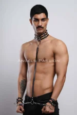 Siyah Suni Deri Halka Detaylı Erkek Vücut Harness Choker ve Kelepçe Seti SHM56 - Image 2