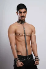 Siyah Suni Deri Halka Detaylı Erkek Vücut Harness Choker ve Kelepçe Seti SHM56 - Image 3