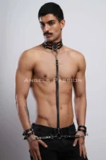 Siyah Suni Deri Halka Detaylı Erkek Vücut Harness Choker ve Kelepçe Seti SHM56 - Image 6