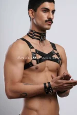 Siyah Deri Metal Halkalı Çapraz Erkek Göğüs Harness Tasma ve Bileklik Seti SHM55 - Image 5
