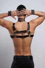 Siyah Deri Metal Halkalı Çapraz Erkek Göğüs Harness Tasma ve Bileklik Seti SHM55 - Image 8