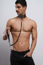 Erkek Siyah Harness Üçlü Şerit Metal Halka Detaylı Choker ve Tasma Seti SHM53 - Image 2