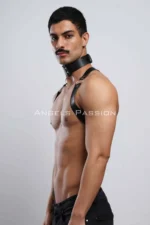 Siyah Deri Metal Halkalı Boyunluklu Erkek Harness SHM35 - Image 5