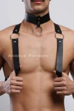 Siyah Deri Metal Halkalı Boyunluklu Erkek Harness SHM35 - Image 6