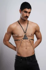 Siyah Deri Zincir ve Halka Detaylı Erkek Harness SHM28 - Image 4