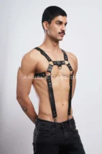 Siyah Deri Halka ve Perçin Detaylı Erkek Harness Pantolon Askısı SHM23 - Image 7