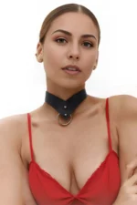 Siyah Deri Halka Detaylı V Kesim Choker SH1370 - Image 2