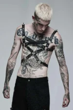 Siyah Deri Metal Halkalı ve Zımbalı Erkek Harness SHM218 - Image 3