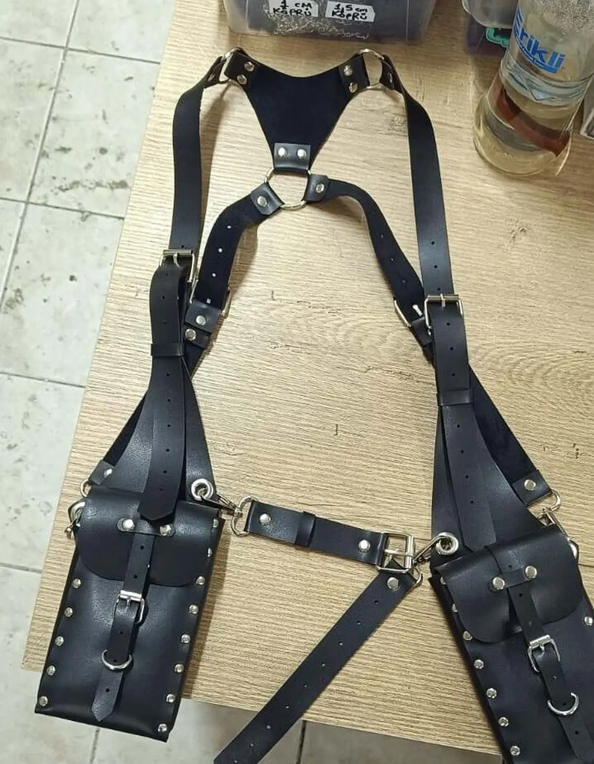 Siyah Deri Zımbalı Holster Çantalı Erkek Harness SHM236