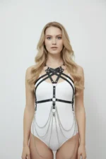 Chain Detail Leather Chest Harness, Leather Fancy Clothing, Dress Accessory - SH11