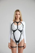Siyah Deri Zincir Detaylı Tokalı Vücut Harness ve Jartiyer Takımı SH1098 - Image 3