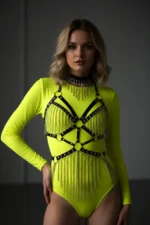 Siyah Deri Sallantılı Zincir Detaylı Body Harness SH1397