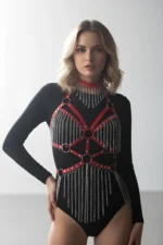 Kırmızı Deri Gümüş Zincir Sarkıtlı Choker Detaylı Body Harness SH1397 - Image 2