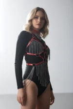 Kırmızı Deri Gümüş Zincir Sarkıtlı Choker Detaylı Body Harness SH1397 - Image 3
