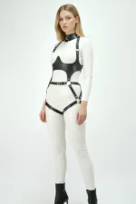 Siyah Deri Göğüs Altı Destekli Halkalı ve Yaka Detaylı Body Harness SH1402 - Image 5