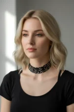 Siyah Lazer Kesim Desenli Deri Choker Kolye SH1427 - Image 2