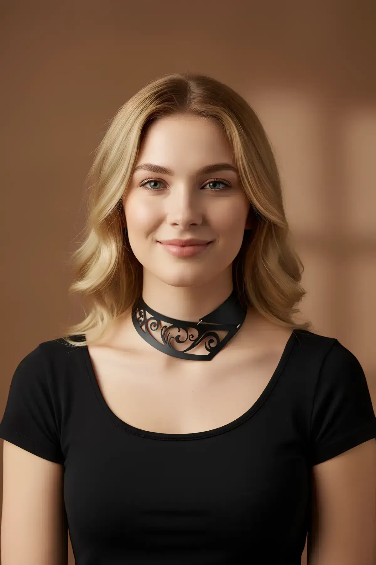 Siyah Lazer Kesim Desenli Deri Choker Kolye SH1423