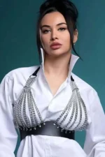 Gümüş Zincirli Siyah Deri Göğüs Harness SH964 - Image 2