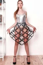 Halka Detaylı Siyah Deri Kafes Harness Etek SH982 - Image 2