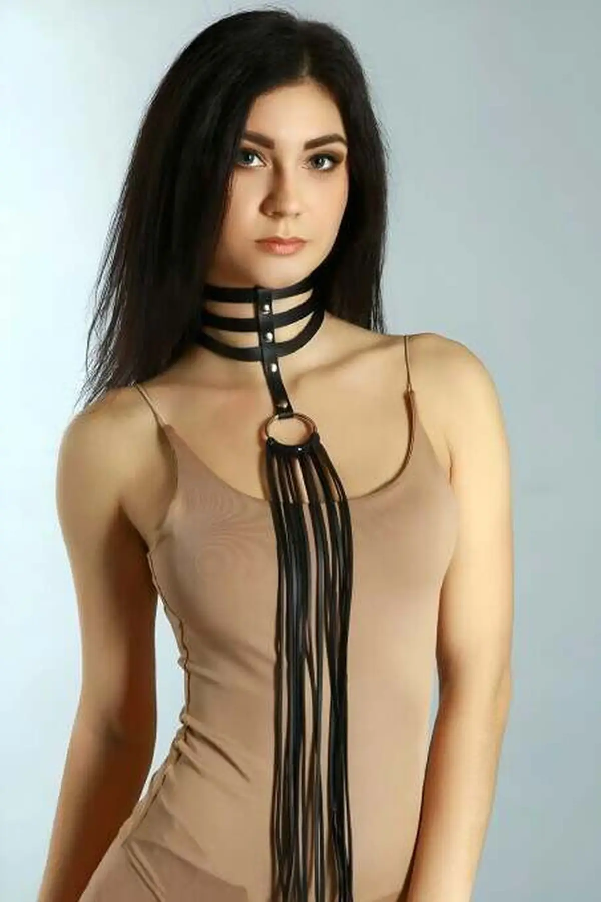 Siyah Deri Uzun Püsküllü Boyun Tasması ve Vücut Harness SH1021