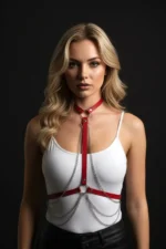 Red Women's Belt Choker with Metal Ring Chain Detail - SH5