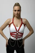 Red Women's Faux Leather Body Belt with Chain Detail - SH9 - Image 4